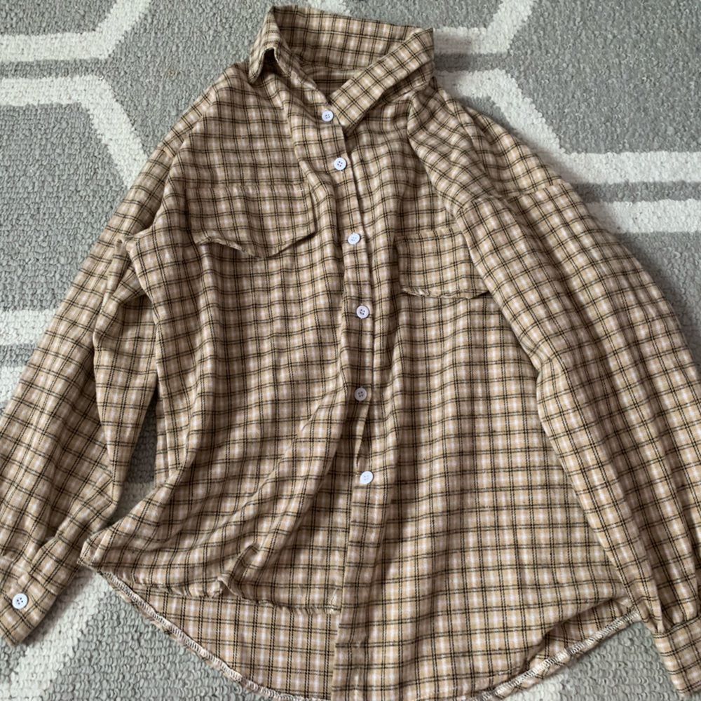 brown plaid button up
